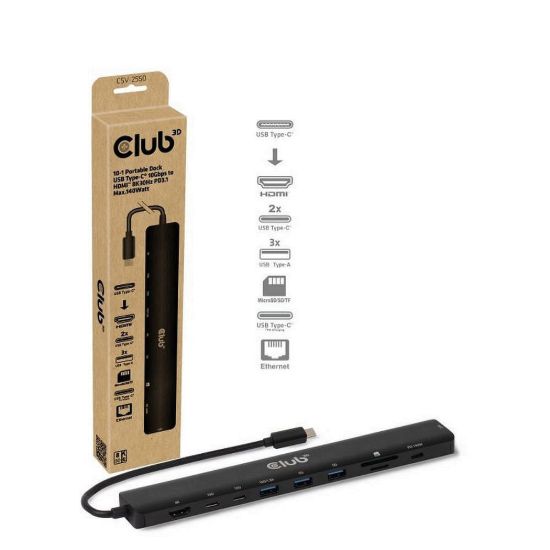 Obrázek Club3D Dokovací stanice USB- C 10v1, 140 W PD, 1xHDMI, 3xUSB- C, 3xUSB, 1xRJ45, černá