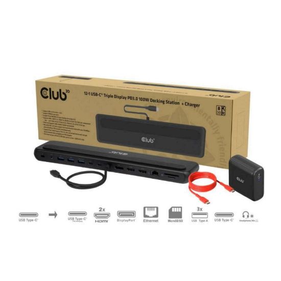 Obrázek Club3D Dokovací stanice USB- C 12v1, 2xHDMI, 1xDP, 2xUSB- C, 3xUSB, 1xRJ45, 1 x 3.5mm, černá