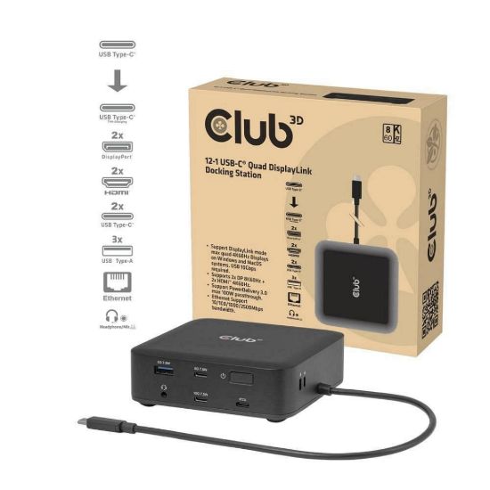 Obrázek Club3D Dokovací stanice USB- C 12v1, 2xHDMI, 2xDP, 2xUSB- C, 1xUSB- C PD, 3xUSB, 1xRJ45, 1 x 3.5mm, černá