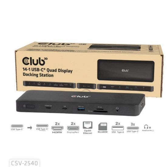 Obrázek Club3D Dokovací stanice USB- C 14v1, 2xHDMI, 2xDP, 3xUSB- C, 1xUSB- C PD, 2xUSB, 1xRJ45, 1 x 3.5mm, microSD/ SD, černá