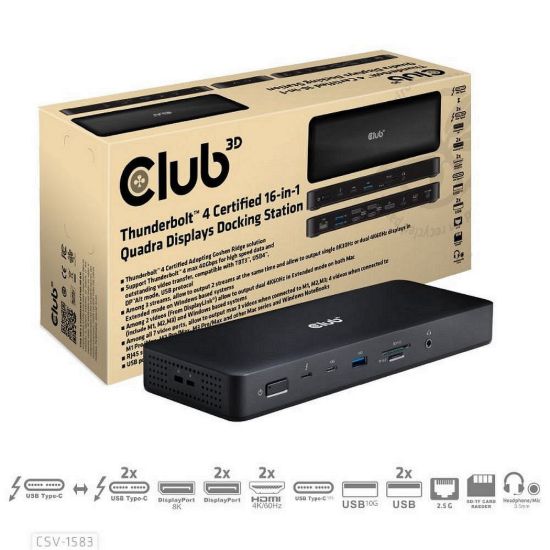 Obrázek Club3D Dokovací stanice USB- C 16v1, 3xDP, 2xHDMI, 1xUSB- C, 3xUSB, 1xRJ45, 1 x 3.5mm, černá