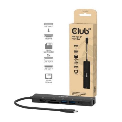 Obrázek Club3D Dokovací stanice USB- C 7v1, 1xHDMI, 1xUSB- C PD, 2xUSB, 1xRJ45, microSD/ SD, černá