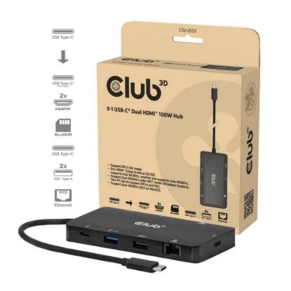 Obrázek Club3D Dokovací stanice USB- C 9v1, 2xHDMI, 1xUSB- C, 1xUSB- C PD, 2xUSB, 1xRJ45, microSD/ SD, černá