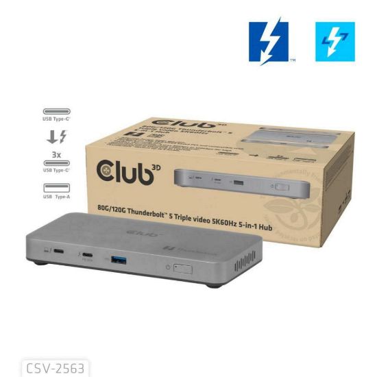 Obrázek Club3D hub Thunderbolt 5 5v1, 3x USB- C TB5, 1x USB- A, 1 x 8K60 Hz, 3x 5K60 Hz, certifikace Thunderbolt Share, 180 W