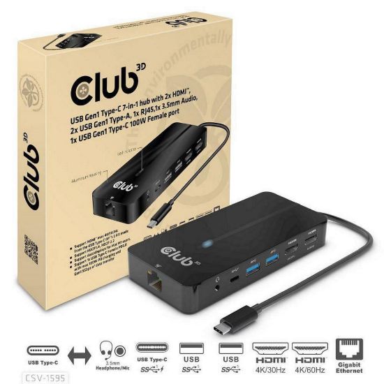 Obrázek Club3D hub USB- C, 7- in- 1 hub s 2x HDMI, 2x USB Gen1 Type- A, 1x RJ45, 1x 3.5mm audio, 1x USB Gen1 Type- C, 100 W PD