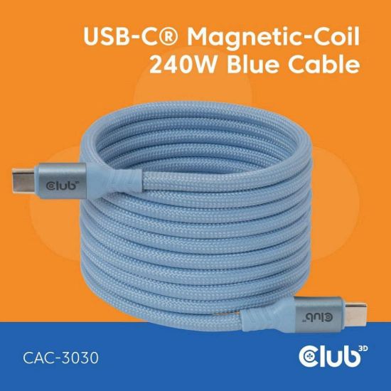 Obrázek Club3D Kabel magnetický USB- C, 240 W PD3.1, 480 Mbps, 2m, modrá