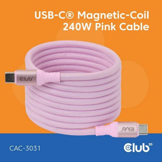 Obrázek Club3D Kabel magnetický USB- C, 240 W PD3.1, 480 Mbps, 2m, růžová