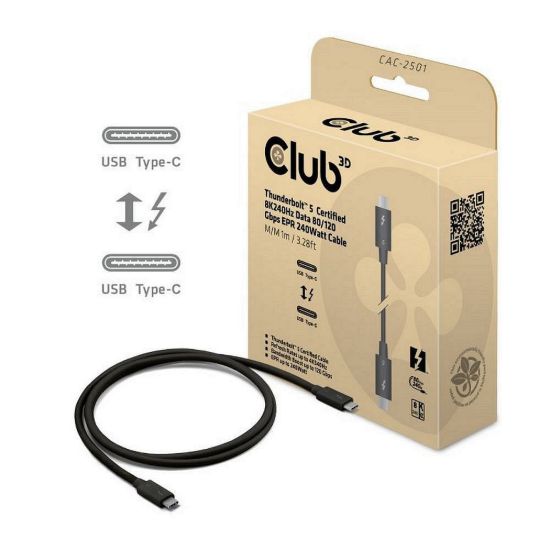 Obrázek Club3D Kabel Thunderbolt 5, 80/ 120Gbps, Certifikovaný kabel, 1x 4K540 Hz, 2 x 8K240 Hz, PD 240 W, 1m