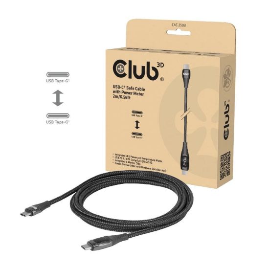 Obrázek Club3D Kabel USB- C Safe s měřičem výkonu, 240 W, bez přenosu dat, 2m