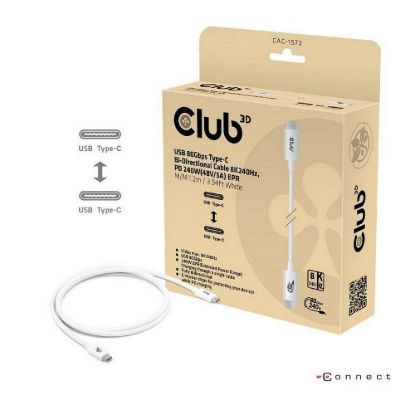 Obrázek Club3D Kabel USB4 Typ- C, 80Gbps, Certifikovaný kabel, 4K540 Hz, 8K240 Hz, 16K60 Hz, PD 240 W, 1.2m, bílá