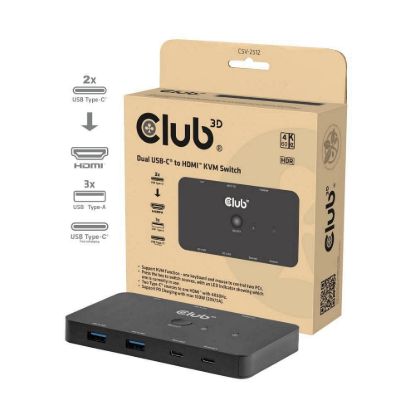 Obrázek Club3D KVM Switch, 2xUSB- C na HDMI, 4K60 Hz, PD 100 W