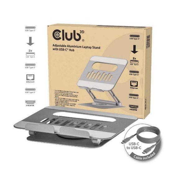 Obrázek Club3D Nastavitelný hliníkový stojan pro notebook s USB- C hubem na 2xUSB, 1xHDMI, 2xUSB- C, 1xRJ45, 360°, 100 W, 4K…