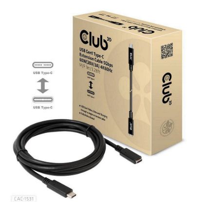 Obrázek Club3D Prodlužovací kabel USB- C, 5Gbps, 60 W(20V/ 3A), 4K60 Hz (M/ F), 1m