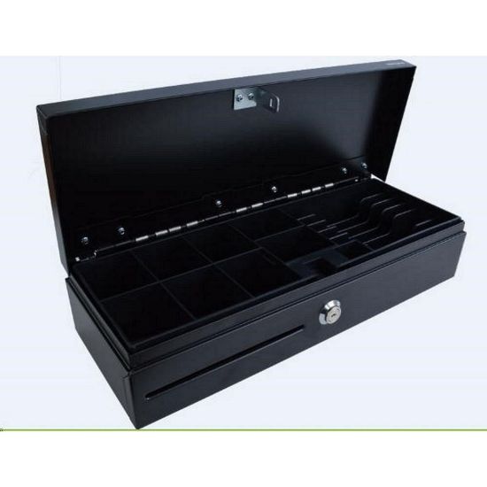 Obrázek Virtuos pokladní zásuvka FT- 460C Flip top, s víkem, 9- 24V, černá - s kabelem